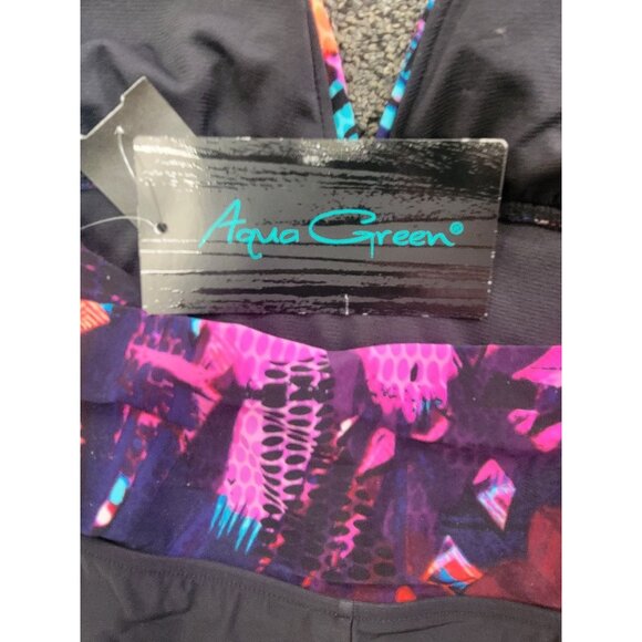 Aqua Green Womens Halter One-Piece Swimsuit With Black & Multicolor Abstract Des - Picture 7 of 7